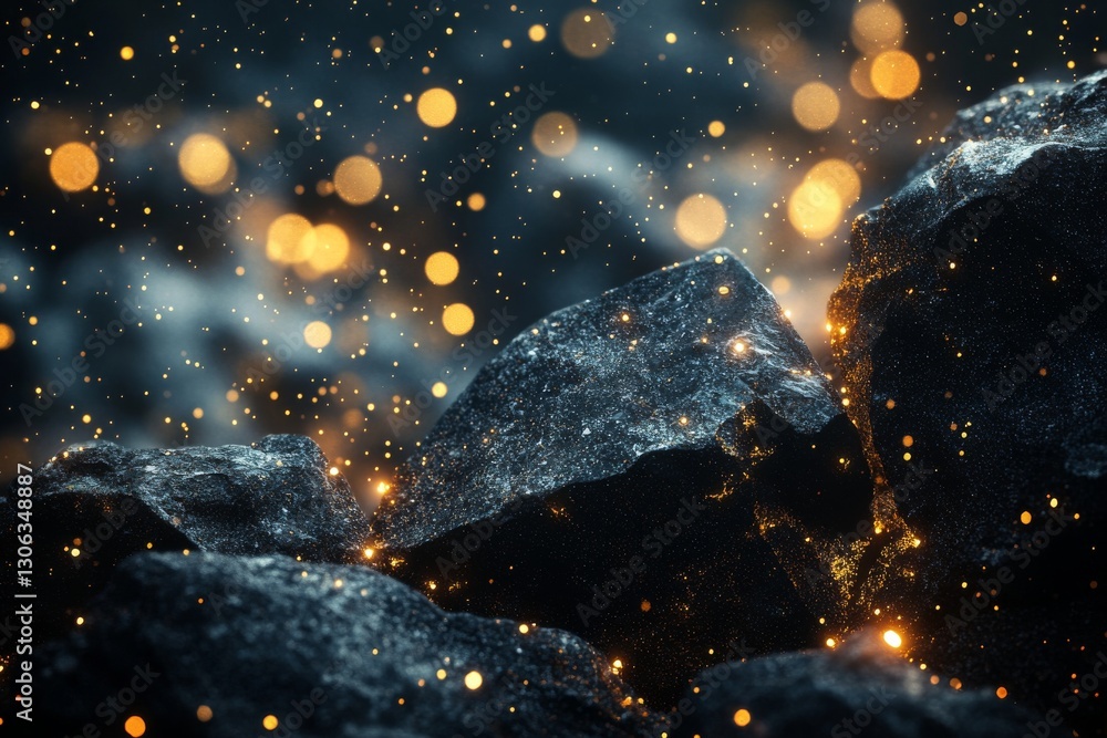 Wall mural 3d rendering of black rocks on the ground, with golden lights shining in space, creating an abstract