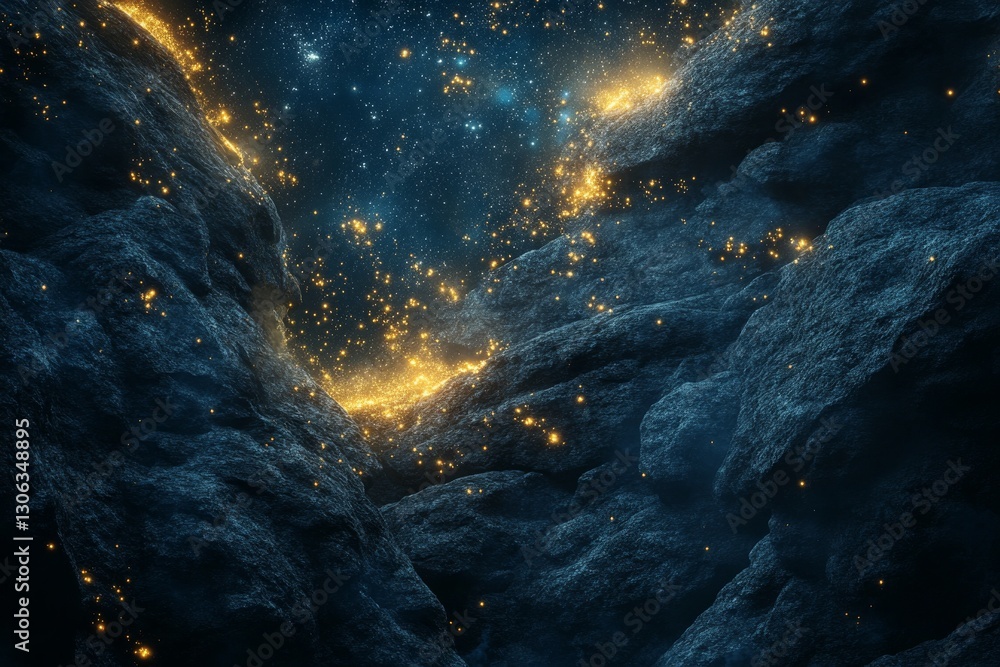 Wall mural 3d rendering of black rocks on the ground, with golden lights shining in space, creating an abstract
