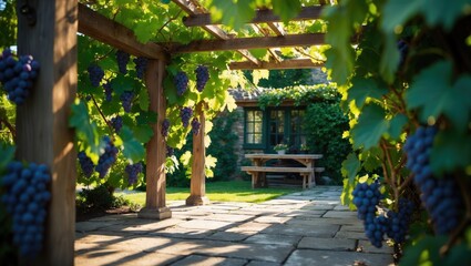 The garden area of the cottage features a wooden pergola supported by beams. Grapevines adorn the structure, casting shadows. Bunches of grapes hang visibly, and the ground is paved with slabs.