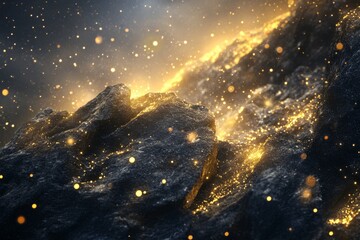 3D rendering of black rocks on the ground, with golden lights shining in space, creating an abstract background