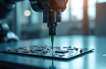 Automated robot arm precisely injecting glue, resin on circuit board in hi-tech factory. Artificial intelligence, modern machine production of electronic components. Industrial robotic arm applies