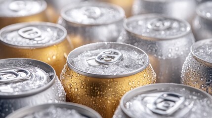 A cluster of chilled beverage cans, some sparkling gold and others silver, glistens with droplets of condensation, hinting at delicious refreshment on a warm day