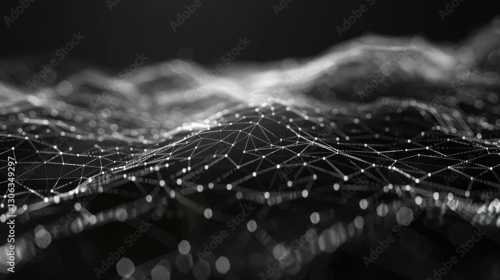 Poster a stunning futuristic visualization of a thin grid overlaying a pitch-black surface, showcasing inte