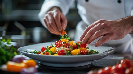 Brightly colored cherry tomatoes are lovingly arranged atop a fresh herb salad by a culinary expert in a lively kitchen. The atmosphere buzzes with creativity