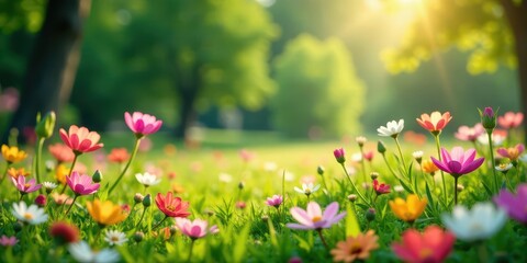Fototapeta premium A vibrant meadow awash in the warm glow of sunrise, showcasing a breathtaking display of colorful wildflowers in full bloom, creating a picturesque scene of natural beauty.