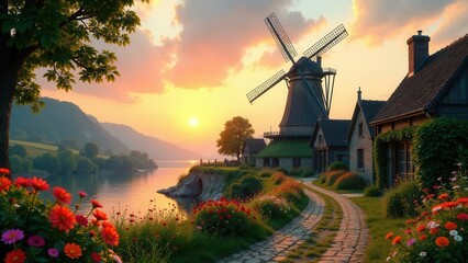 Serene Sunset Vista Picturesque Village, Windmill, and Calm Lake at Golden Hour
