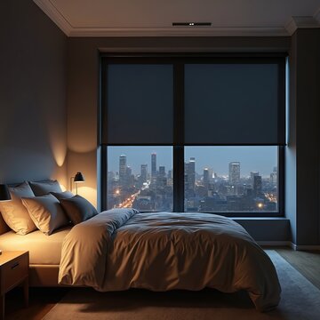 Blackout roller shades in dim bedroom at night with illuminated cityscape view. Dark room ensures sleeping comfort. Window coverings provide privacy in sleeping area with double bed at dusk.
