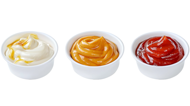 assorted sauces in white bowls, isolated on black
