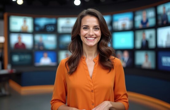 Portrait of smiling tv presenter woman in news studio. Friendly brunette reporter smiles at camera. Telecommunications job, media host in modern broadcasting center. Live news streaming show.