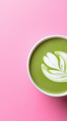 Matcha latte art, pink background, cafe