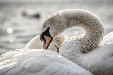 Fototapeta premium Minimalistic photo of a swan gently resting its head on its partner’s back, extreme close-up showing the softness of their embrace, softly blurred background.