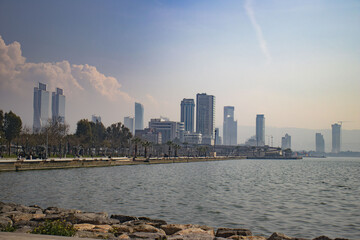 Izmir, Turkey - February 02, 2025: Aerial panoramic view in Bayrakli. Bayrakli is a modern business district of Izmir city in Turkey.