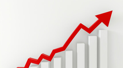 A red arrow on a white background with a ladder in the form of an ascending graph, symbolizing the success or growth of a business