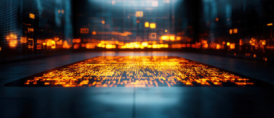 Futuristic glowing digital floor in high tech environment. Virtual reality event experiences visualized with glowing