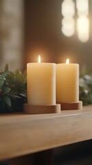 Lit candles, wooden table, greenery, warm home