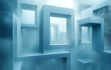 Blue Abstract Geometric Structures in a Misty Atmosphere Create Mystical View