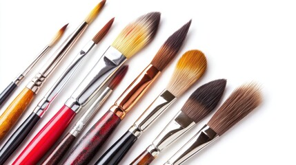 Fototapeta premium Assorted paintbrushes arranged on white background, ideal for art supplies marketing