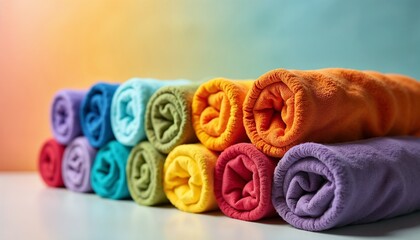 Fototapeta premium Neatly Stacked Colorful Rolled T-Shirts with Rainbow Effect