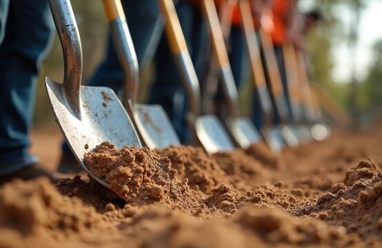 Team start new construction project. Group shovels turn dirt at groundbreaking ceremony, showing teamwork, collaboration. Anticipation, new beginnings, construction, development, realization,