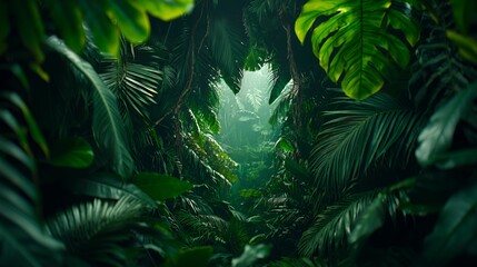 Lush Green Tropical Jungle With Sunlight Filtering Through Dense Foliage