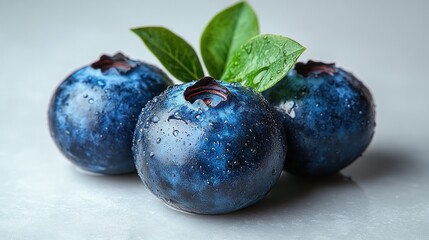 Obraz premium Fresh blueberries with leaves on a light surface