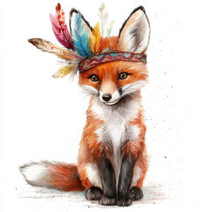 Obraz premium cute fox wearing colorful feather headband, showcasing boho style