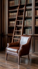Leather chair in library, bookshelves background