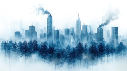 Fototapeta premium Foggy urban skyline with pollution and forest, environmental crisis