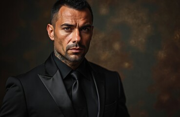 Obraz premium Close-up portrait of tanned hot attractive Italian man with tattoo on neck. Brunette wears luxurious black suit, looks at camera with sensual gaze. Charismatic macho, boss or rich billionaire.