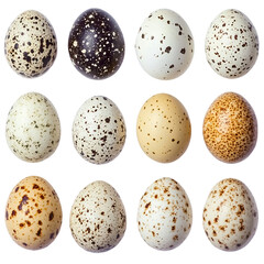 collection of colorful quail eggs isolated on white background