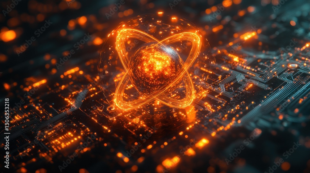 Poster glowing atom on circuit board; tech background