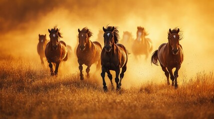 Obraz premium A herd of running brown horses kicking up dust in sunlight