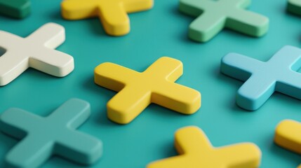 Obraz premium Colorful Cross Shapes on Teal Background for Creative Design Use