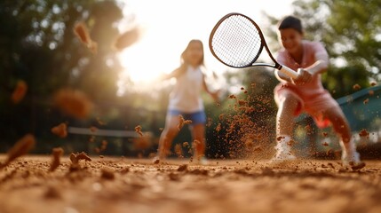 Kids playing tennis on clay court