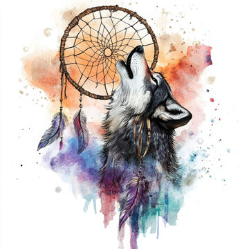 wolf howling at dreamcatcher with colorful watercolor splashes