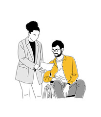 Inclusive business concept illustration. Young black woman and man in wheelchair working together. Vector outline drawing for graphic, web design Isolated 