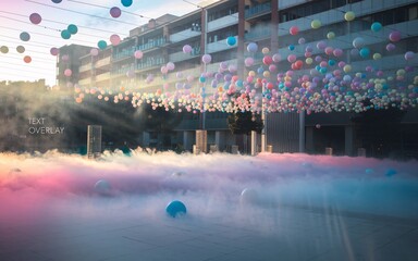 Obraz premium Colorful balloons float amidst city smoke
