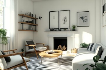 Cozy modern living room with fireplace, featuring minimalist decor, wooden furniture, and natural light.