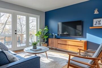 Cozy modern living room with large windows showcasing a serene view.