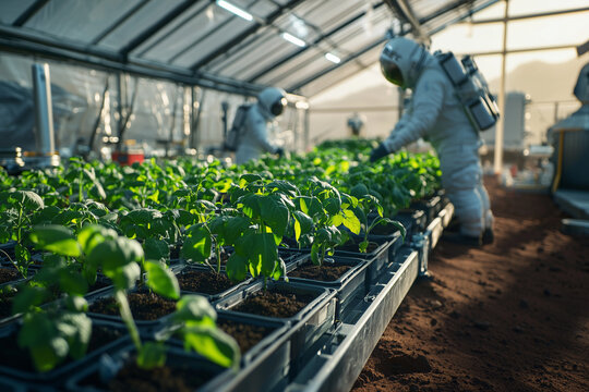 Astronauts working in a green house on Mars