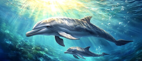 Obraz premium Mother dolphin glide effortlessly through crystal clear blue water her calf swimming closely her side Sunlight dance through wave creating mesmerizing underwater spectacle Ultra HD water reflection