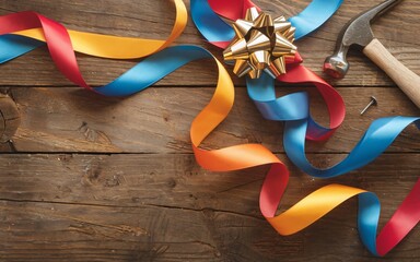 Colorful ribbons, hammer, and nail on wooden table