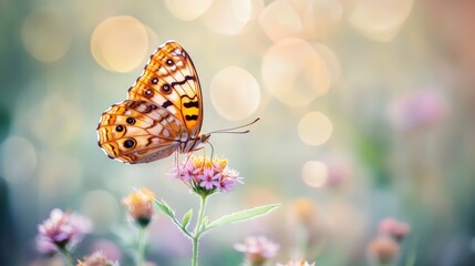 A Colorful Butterfly Is Perched Gently On A Pink Flower