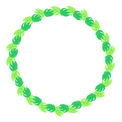 Beautiful round frame made of floral elements. Delicate spring colors. A round floral border consisting of light green and dark green leaves. One icon isolated on a white background.