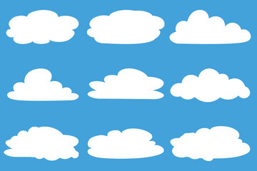 Fototapeta premium Vector white cartoon clouds. fluffy clouds in bubble shape in blue sky, summer rounded cumulus icons. 