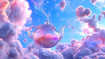 Glass teapot floats amidst pastel clouds