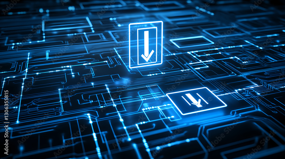 Poster data download action in a virtual environment featuring circuit board design and digital elements