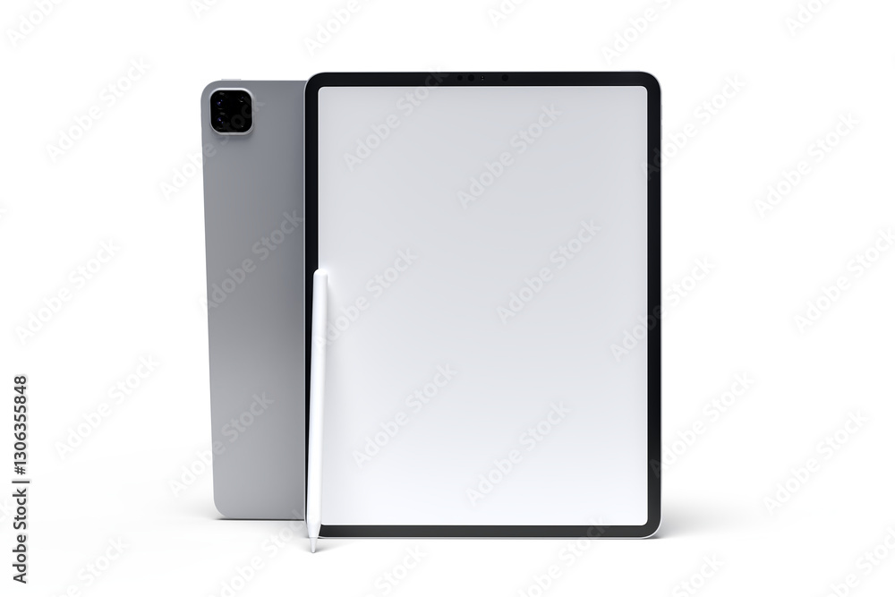 Poster realistic modern tablet and pencil digital device mockup front view with blank screen and shadow iso
