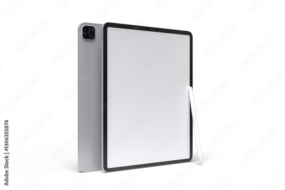 Poster realistic modern tablet and pencil digital device mockup front view with blank screen and shadow iso