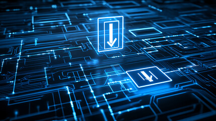 Obraz premium Data download action in a virtual environment featuring circuit board design and digital elements